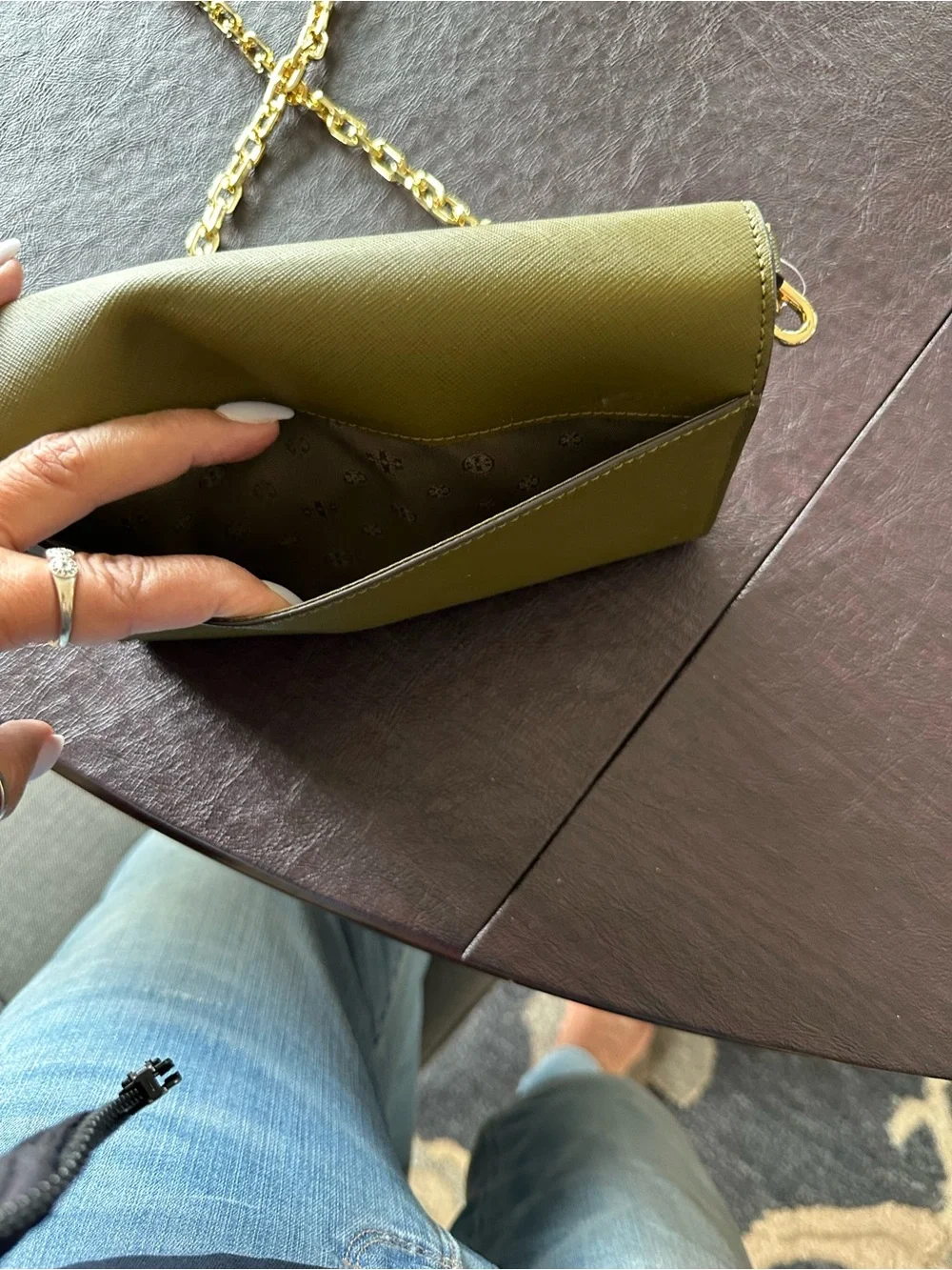 Tory Burch Olive Green Leather Compact Wallet with Gold Logo